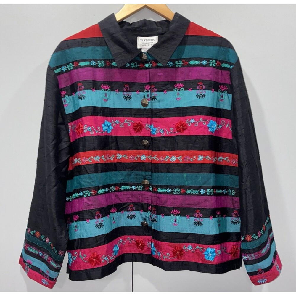 Vintage 1990s Silk Embroidered Boho Jacket – Colorful Artisan Statement Layer